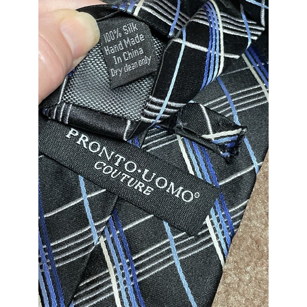 Pronto Uomo Couture Tie Blue Gray Plaid Classic Mens Dress Necktie - Picture 3 of 5